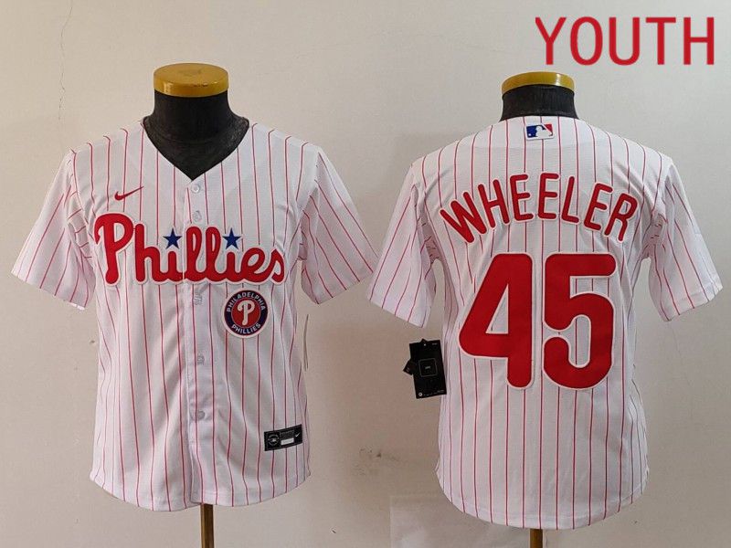 Youth Philadelphia Phillies #45 Wheeler White stripe Nike Game 2024 MLB Jersey style 3->youth mlb jersey->Youth Jersey